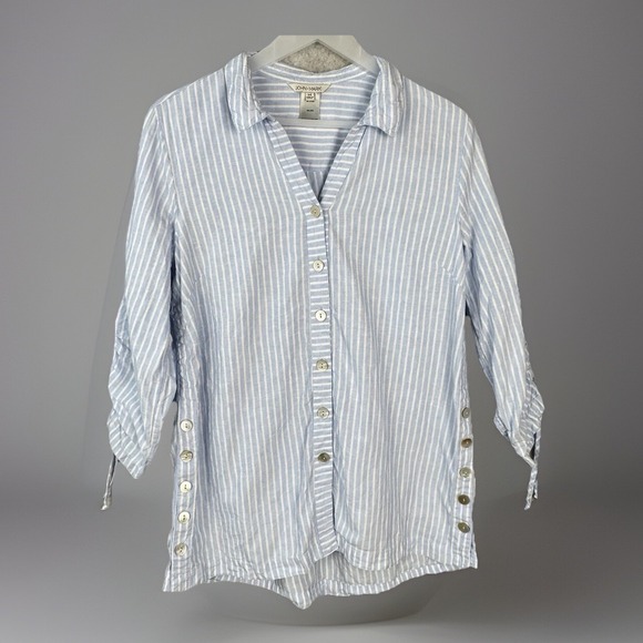 John Mark Tops - John Mark Linen Top Ruched Sleeve Button Down Tunic M Blue White Striped Coastal